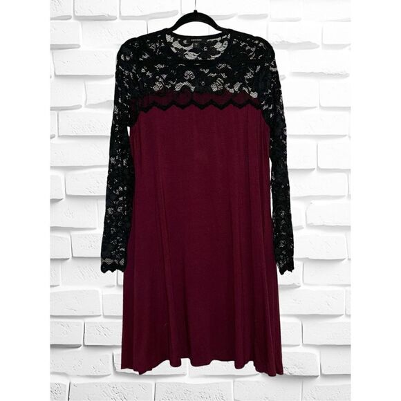 Karen Kane Women’s Large Lace Sleeve Trapeze Swing Dress • High Lo Hem Boat Neck - Picture 1 of 16